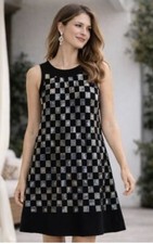 Womens Sequin Checkered Cocktail Dress Black Silver Sleeveless Shift Party Sz: 6