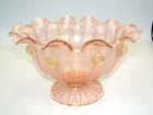 Vintage Venetian Murano Glass Pink & Gold Oval Footed Bowl w/Prunts