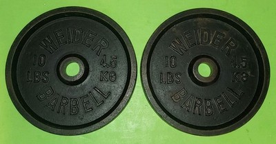 Pair of Vintage Weider 10 lb Barbell / Dumbbell Weight Plates Standard 1 Inch