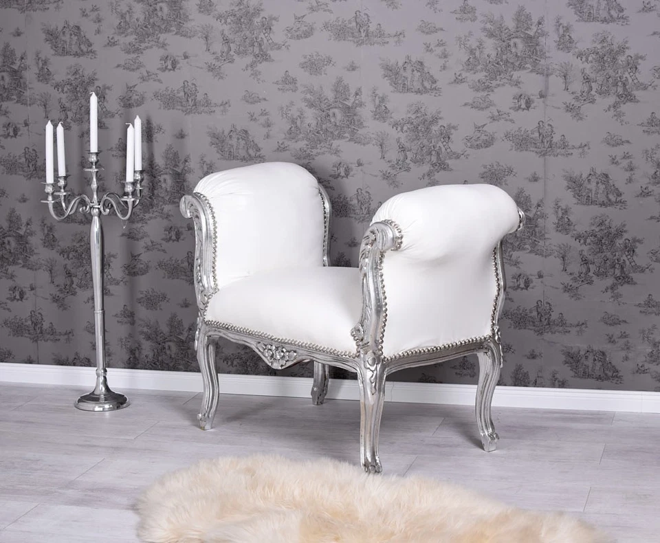 Sitzbank Weiss Silber Sofa Barock Sitzhocker Polsterhocker Antik Chaiselongue - Bild 2 von 4