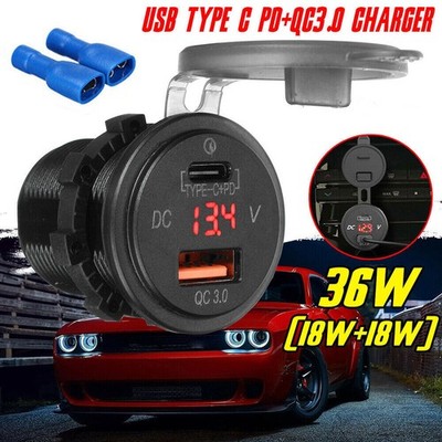 USB3.0 Fast Car Charger Type-C Power Outlet Charge Port w LED Digital Volt Meter