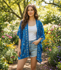 NEW Loft XS S Kimono Blue Floral Coverup Oversized Flowy Boho Beach Resort