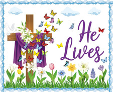 Easter Christian Bulletin Board Decorations - He Lives Cross Cutouts Set