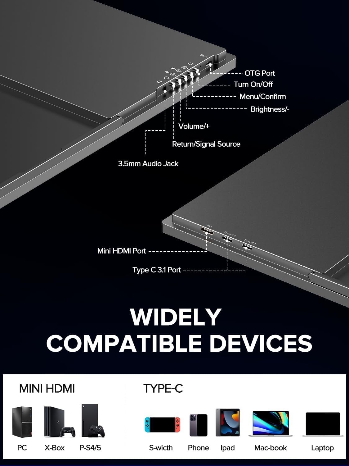UPERFECT 24.5” Portable 2K Large Gaming Monitor Built-in 180° Adjustable Base