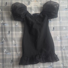 PRETTYLITTLETHING Black Mesh Puff Sleeve Ruffle Mini Dress Sweetheart 6