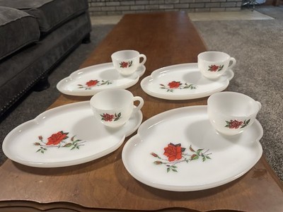 Vintage Federal Milk Glass Rose crest  4 sets Luncheon Plate/Tea Cup Snack Sets 