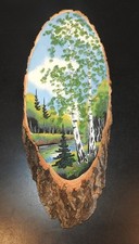Vintage Hand Painted Live Edge Wood Slab Forest Water Landscape w/Sparkles