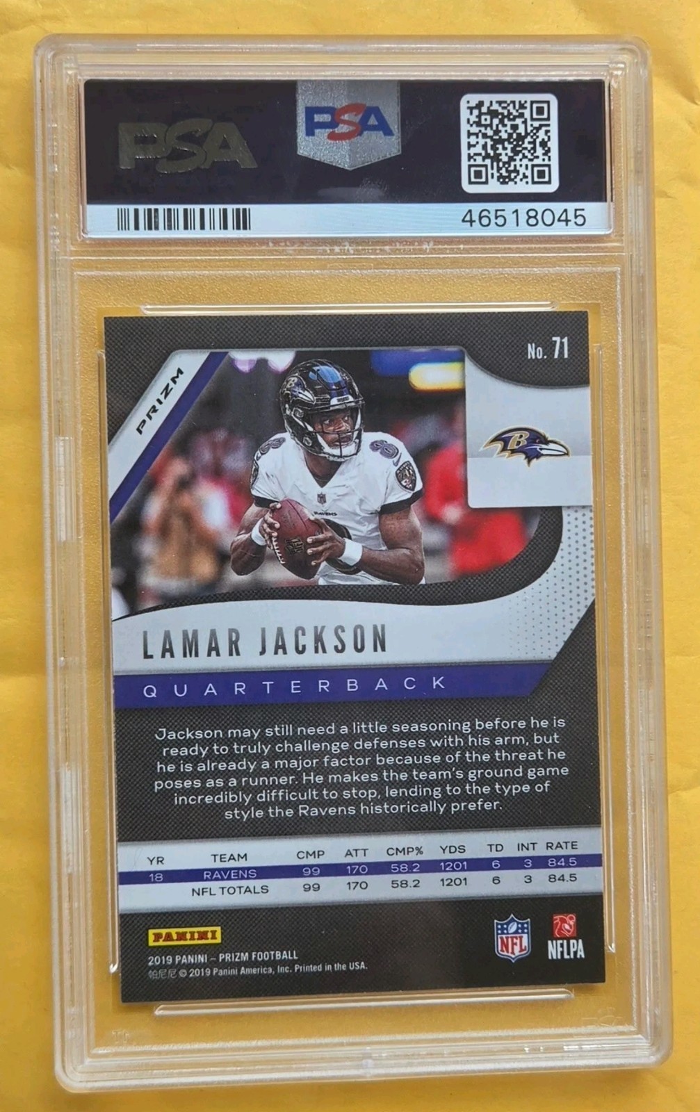 Panini 2019 Prizm Lamar Jackson #71 Silver Prizm PSA 9 Baltimore Ravens view 2