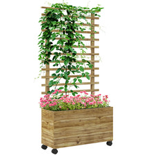 Wooden Raised Planter Box with Trellis and Wheels Outdoor Garden Plant Stand