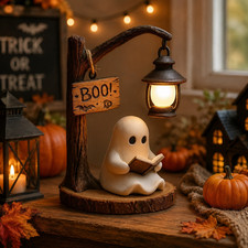 Ghost Reading Lantern Decor, Halloween Tabletop Night Light with BOO Sign