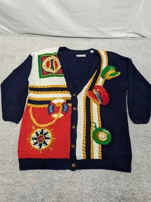 VTG 90s Nautical Patchwork Cardigan Sweater Hand Knit Look M/L Oversized Bold