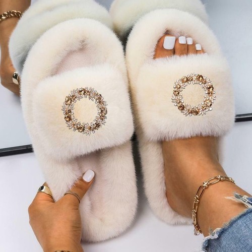 Fluffy Slippers Rhinestone Butterfly Faux Fur Slides  Sandals Platform Flat Soft - Bild 18 von 48