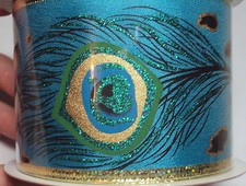 2 Christmas Wired Ribbon Peacock Feathers Blue Gold Glitter 30 ft, NEW