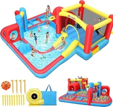 Inflatable Bounce House Maze Water Park w/Divided Splash Pool,Tunnel&520W Blower