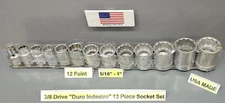 Duro Indestro 13 Piece 3/8" Drive Socket Set Standard 12 Point 5/16"-1" NOS USA