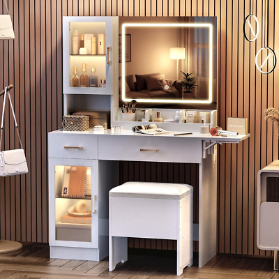 Modern Vanity with Mirror and Lights, Makeup Table with with 2