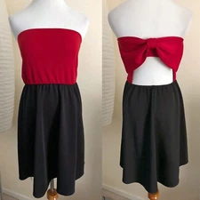 Pixie + Ivy Strapless Dress, Red & Black, Open Back with Bow, Small -Made in USA