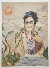 Frida Kahlo (hecho a mano) dibujo en papel antiguo firmado y estampado, arte de colección
