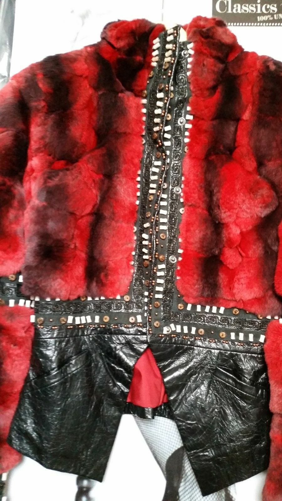 WOMEN FLORENCE MODE BLACK/burgundy JACKET REAL LEATHER  & RABBIT EMBELLISHED S-M image 6