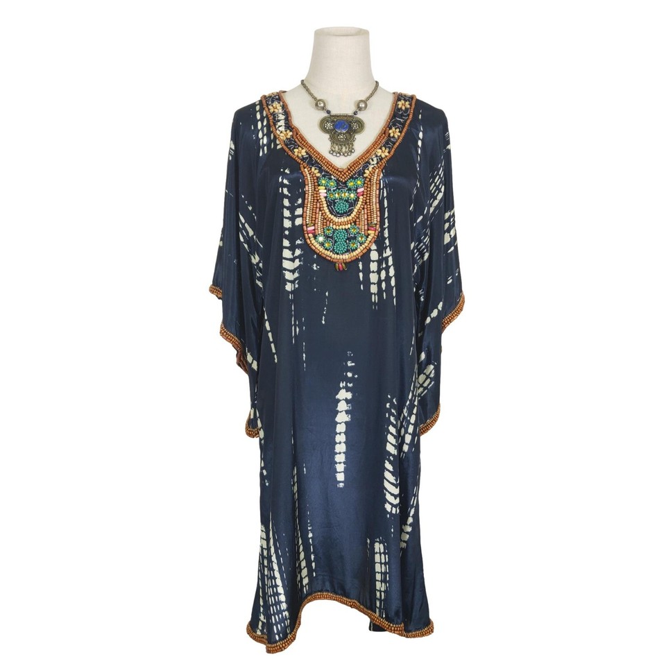 Boho Dress - Beaded Satin Kaftan Navy White Wooden Gold Bling Beach Hippie 12/14