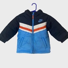 Y2K Nike Puffer Jacket Hooded Stripe Boys Toddlers 2T Blue Color Block Full Zip