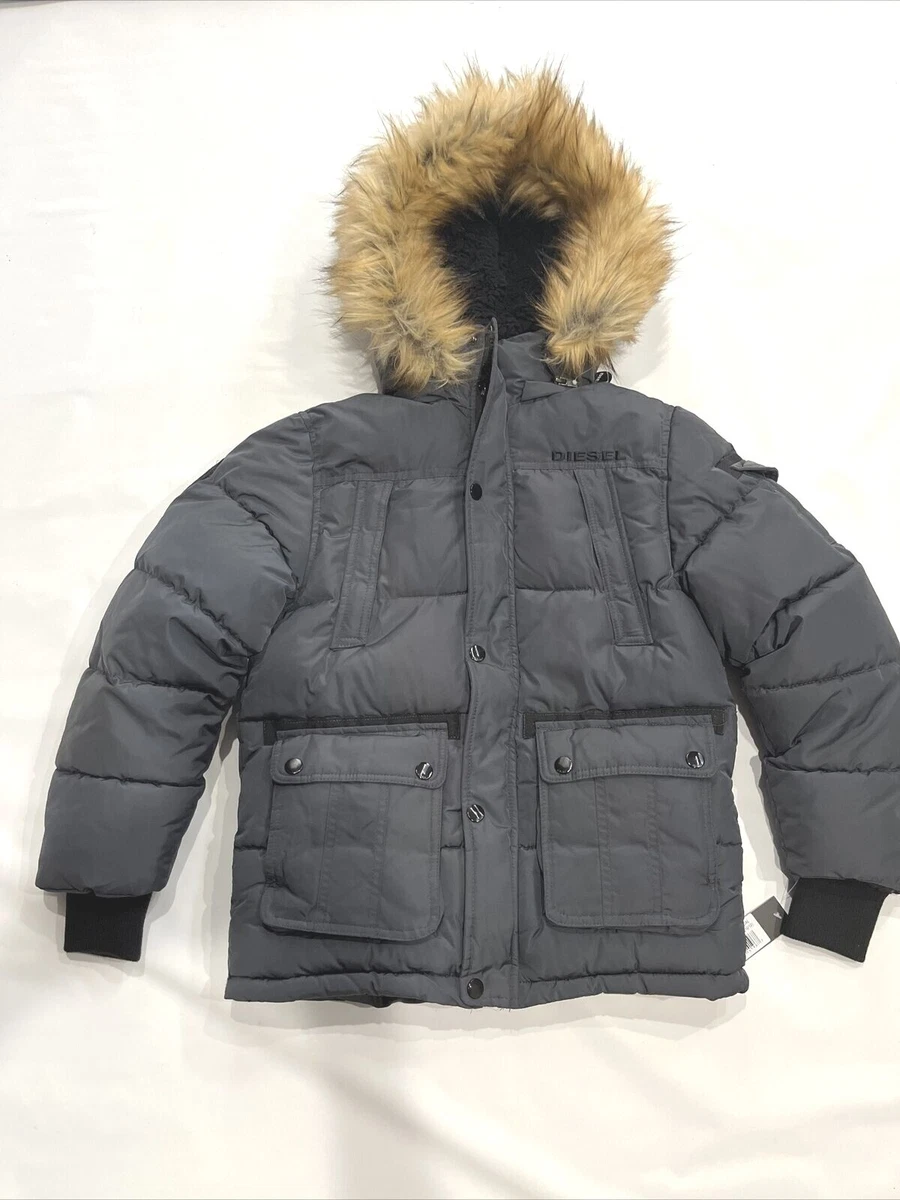 Diesel boys Hooded Puffer Jacket Parka Faux Fur Medium 10 12 Charcoal