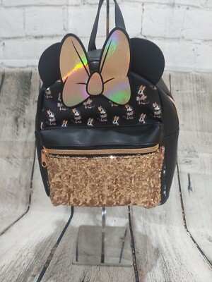 disney black and gold mini backpack Disney Minnie Mouse Black Mini Backpack with Gold Sequins and Bow - NWOT