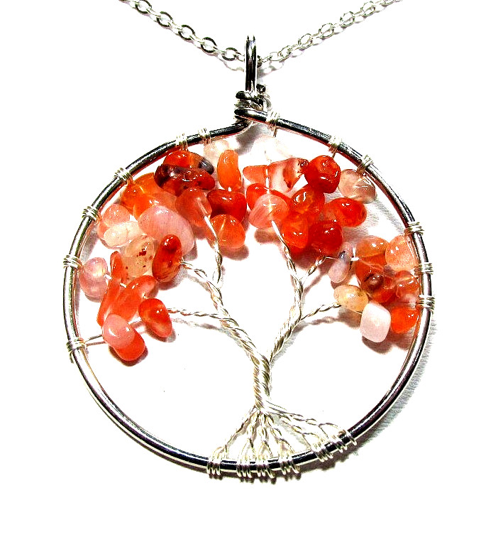 Silver Tone Red Jasper Semi Precious Stone Tree Of Life 20" Necklace-NEW (#3007)