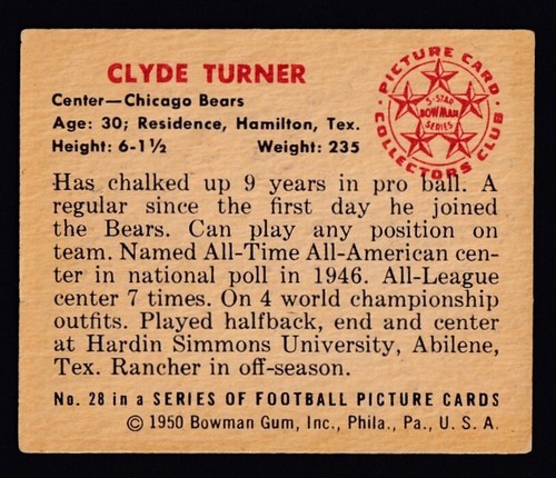 1950 Bowman #28 Clyde Bulldog Turner VGEX Bears - Picture 2 of 2