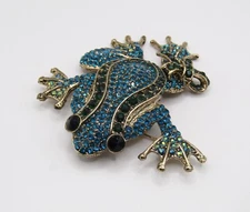Huge Gold Tone Blue Crystal Frog Statement Pin or Pendant 3" x 4"
