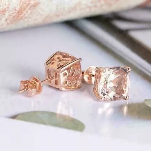 14K Rotgold plattiert Solitär Lab Created Morganit 2Ct Kissen Ohrstecker - Bild 10 von 10