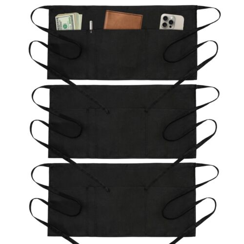 4 Pockets Waitresses Aprons - 3 Pack Serving Aprons for Women Men - Short Wai...