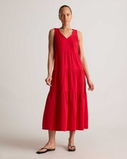 Quince 100% Organic Cotton Gauze Tiered Maxi Dress Sz M in Red