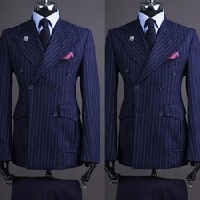 Navy Blue Pinstripe Men's Suits Double Breasted Suit 2 Pieces Peak Lapel Formal