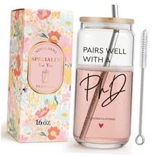 Cute Phd Graduation Drinking Glass Cup Gifts for Women Men Friend Her Him 