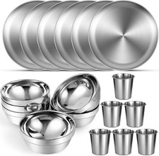 6 Sets Stainless Steel Plates Bowls  Cups Metal Camping Stainless Steel