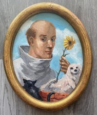 Folk Art Oil Painting Man Monk Holding Flower Cat Dog Religious Charleston SC