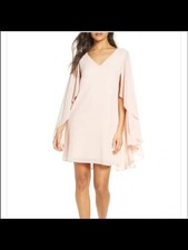 VINCE CAMUTO Womens Pink Chiffon Cape Overlay V Neck Short Evening Shift Dress 2