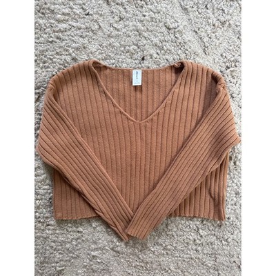 Abound Womens Ribbed V-Neck Cropped Sweater Camel Brown XX7502 Size M