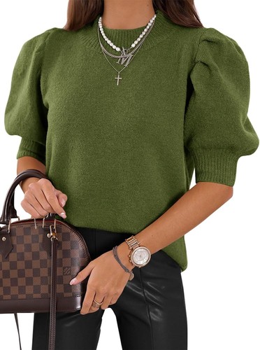 Puff Short Sleeve Sweater Tops Trendy Crew/Square/V Neck Casual T Shirts Blouses