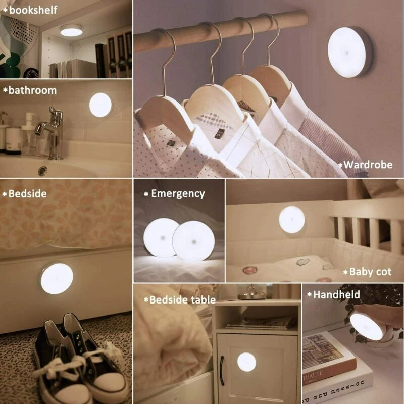 10 PIEZAS Sensor de Movimiento Luz USB Inalámbrico PIR Batería Pared Gabinete Escalera Lámpara de Noche