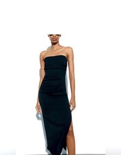 Zara Black Strapless Midi Dress with Side Slit Size Small
