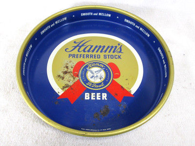 Vintage 1950's Hamm's Preferred Stock Beer blue metal round serving tray