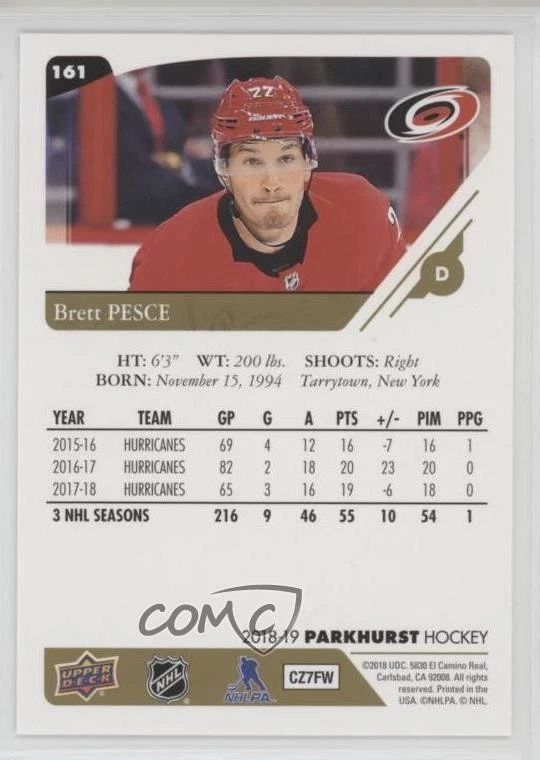 2018-19 Upper Deck Parkhurst Gold Brett Pesce #161 - Image 2 of 2