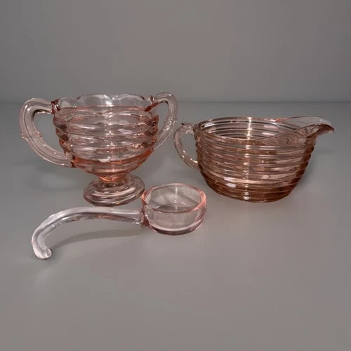1930s pink depression three unique pieces creamer sugar and spoon. As Is
