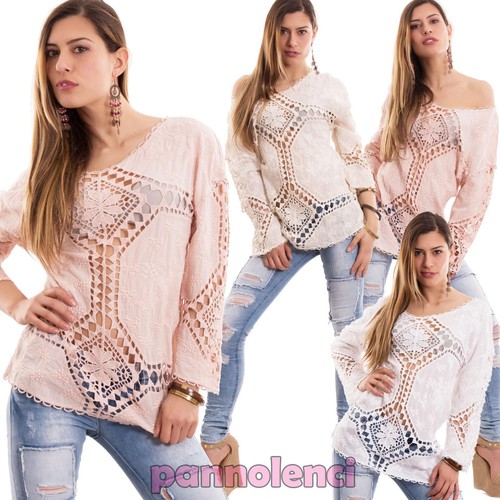 Maglia donna pizzo sangallo traforata maglietta tunica trasparente nuova  CC-1362 | eBay