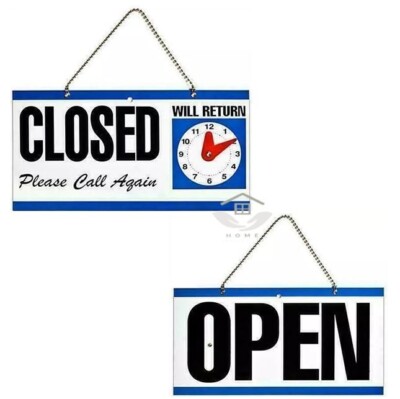 Open Closed Close Shop Hängeschild Kunststoff doppelseitig Rückgabezeit Uhr