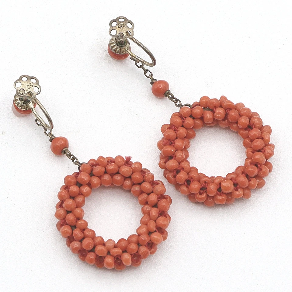 Pendientes colgantes vintage chapados en oro plata coral rojo tejido con cuentas Foto 3 de 4