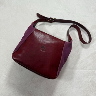IL BISONTE Square Shoulder Bag Purple Red Suede Leather Used
