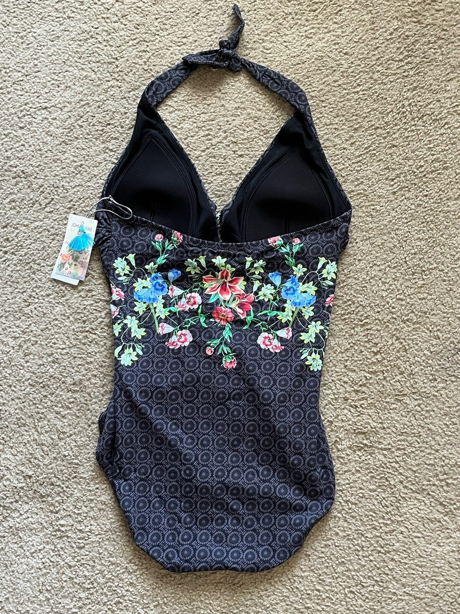 Johnny Was Black Floral One Piece Swim Suit Size 1X Halter